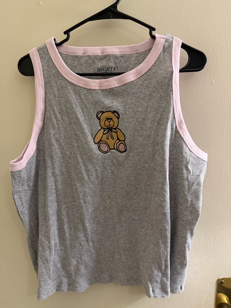 Mighty Fine Gray Ribbed Tank Top With Pink Trim And Teddy Bear Patch